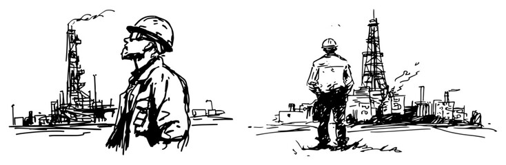 Obraz premium Industrial plant and oil rig with workers in safety helmets in a hand drawn sketch style