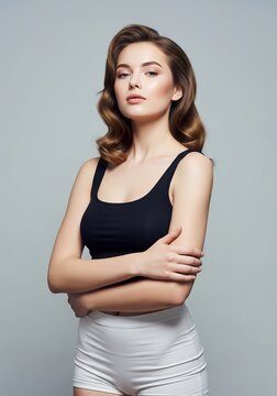 Beautiful young woman with perfect wavy hair and flawless skin wearing a black top and white shorts posing in a studio against a grey background, embodying grace and elegance