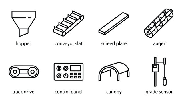 Set of concrete plant elements icons hopper conveyor slat screed plate auger
