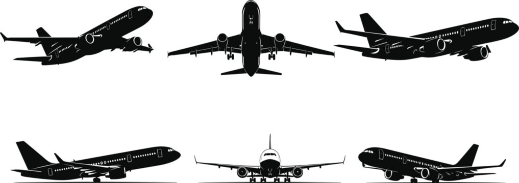 Set of airplane silhouettes from different angles isolated on white background, commercial aircraft aviation flight transport travel vector illustration, jet.