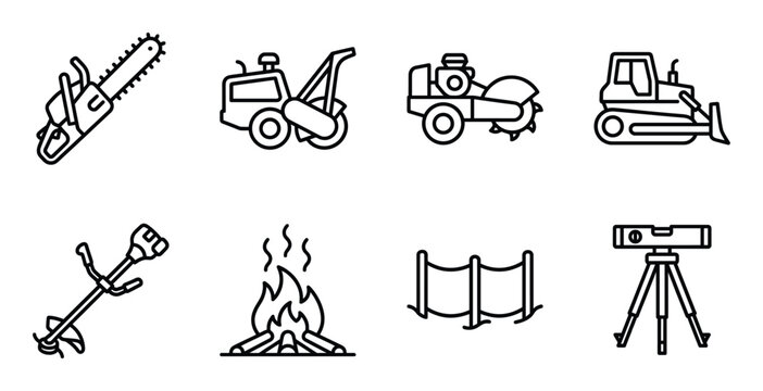 Set of construction tools and equipment icons chainsaw bulldozer strimmer bonfire