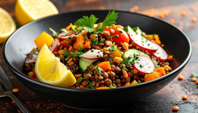 Linsensalat mit Gem&uuml;se und Zitronendressing