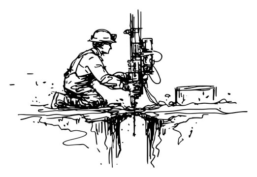 Worker operating heavy industrial drill machine on construction site hand drawn sketch style