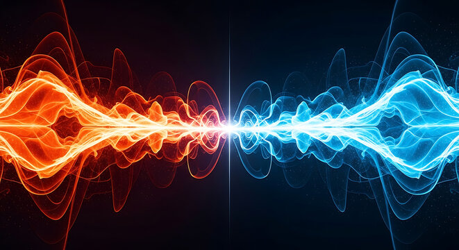Abstract symmetrical red and blue energy waves colliding on a dark background - sound and electric flow concept with light effect
