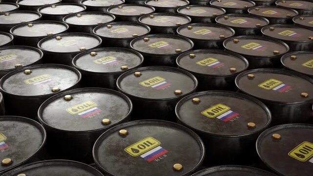 Oil Barrels with Russia Flag &ndash; Petroleum Production and Energy Export Power Concept