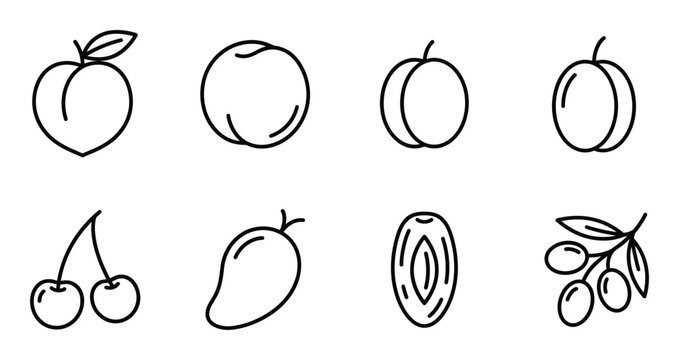 Set of fruit icons including peach plum apricot cherry mango and olives isolated on transparent background