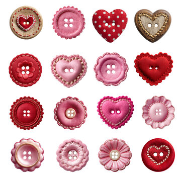 Red and pink heart button collection isolated PNG files, ai generated image