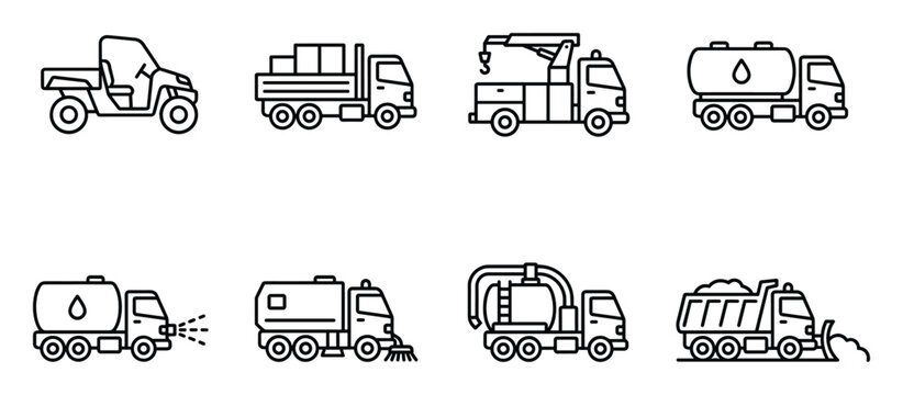 Specialized vehicles and trucks, line art vector icons for transportation and service