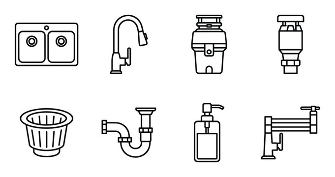 Various plumbing and kitchen sink items, including double sink, faucet, pipe, and garbage disposal