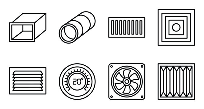 Ventilation and hvac system line icons featuring air ducts and cooling fan with digital thermostat