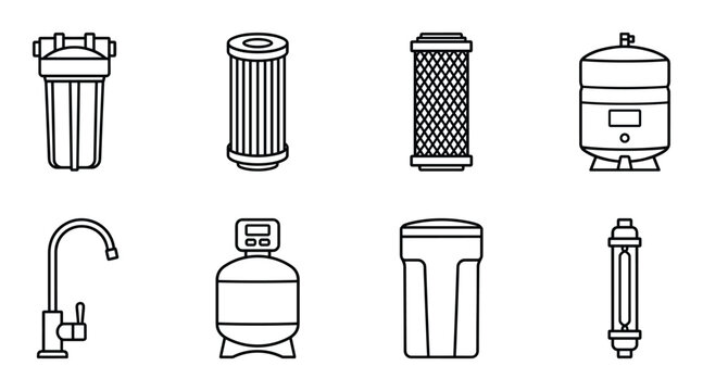 Water filtration system and plumbing equipment outline icons set including reverse osmosis and tank