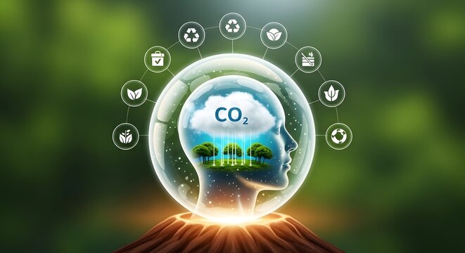Human head globe with eco friendly and c o2 cloud