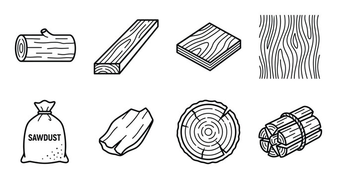 Wood materials in collection log plank sawdust and lumber isometric vector set