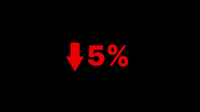 5 percent decline sign animation. The arrow on is pointing down. Stock market crash, bear market, inflation.Economic collapse, collapse of stocks.