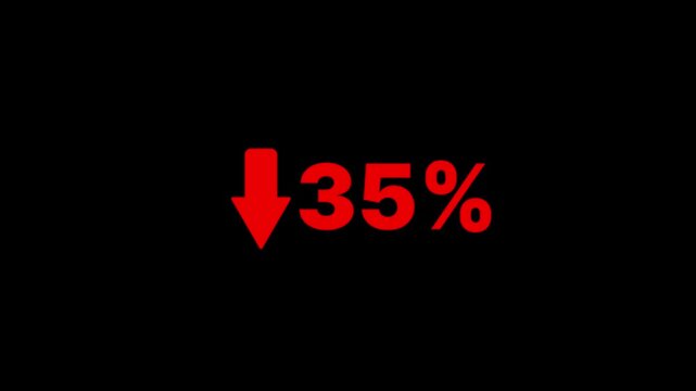 35 percent decline sign animation. The arrow on is pointing down. Stock market crash, bear market, inflation.Economic collapse, collapse of stocks.