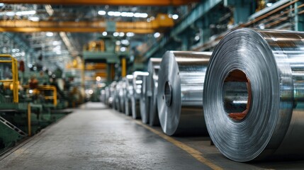 Fototapeta premium Large rolls of sheet metal in rows in a modern industrial factory for manufacturing
