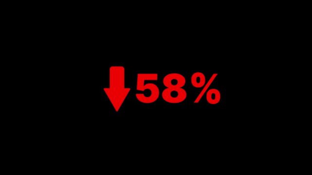 58 percent decline sign animation. The arrow on is pointing down. Stock market crash, bear market, inflation.Economic collapse, collapse of stocks.
