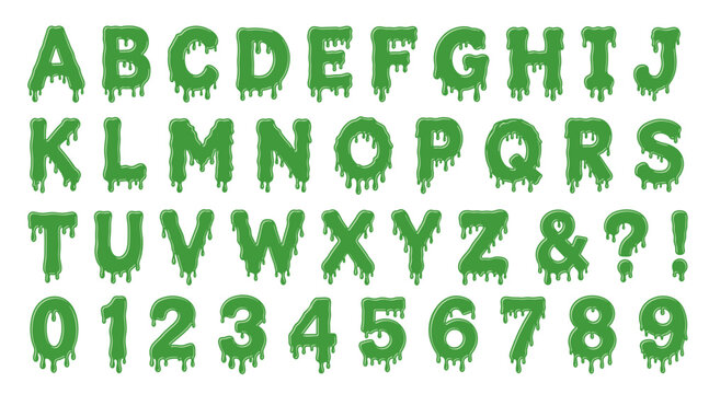 Green slime font with dripping liquid letters and numbers for halloween party or toxic chemical concept design