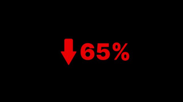65 percent decline sign animation. The arrow on is pointing down. Stock market crash, bear market, inflation.Economic collapse, collapse of stocks.