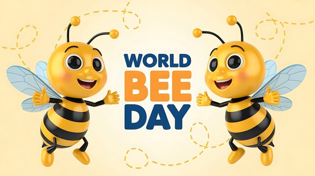 Cute animated bees with World Bee Day text on yellow background