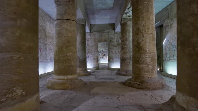 Ancient hall of the Abydos Temple with towering columns and intricate hieroglyphs, showcasing the spiritual depth and architectural mastery of Ancient Egypt.