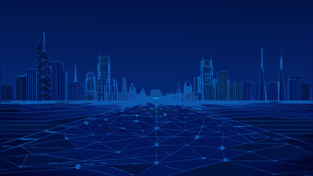 Futuristic cityscape rendered in blue neon wireframe with digital network base
