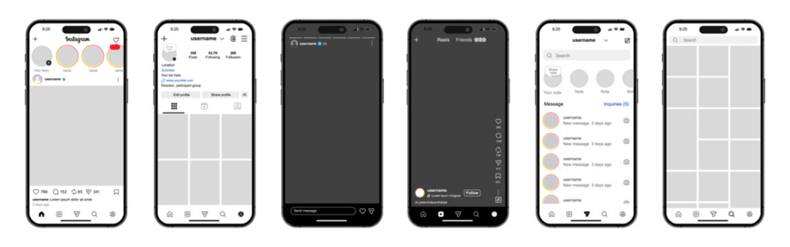 Instagram template app screens post features design. Instagram mockup interface on Iphone smartphone, Instagram profile, post story reels mockup frames