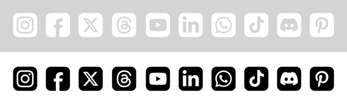 Social media logos in white and black squares button collection, most popular social media icons
