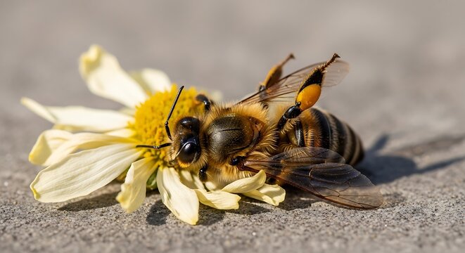 Close-up macro photo of a dead bee lying on a flower with delicate petals