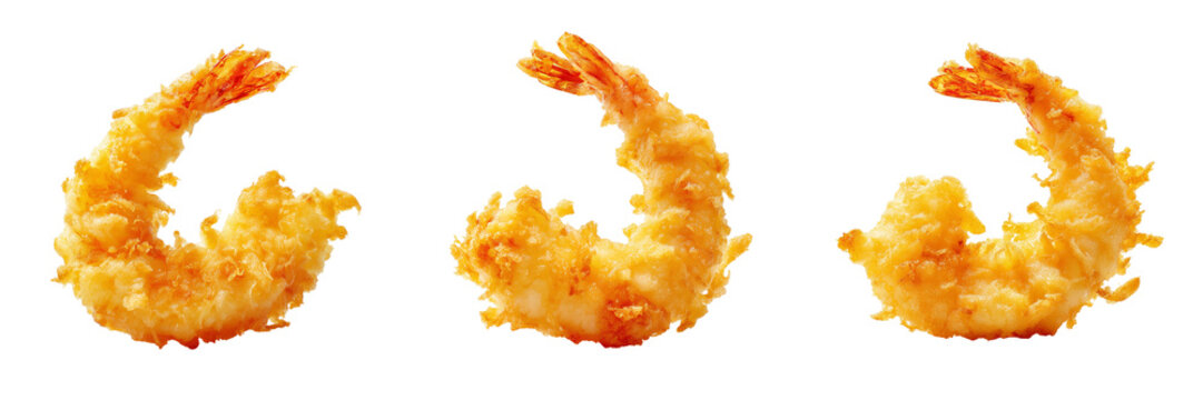 Three golden brown crispy fried shrimp tempura arranged in a row isolated on a transparent background