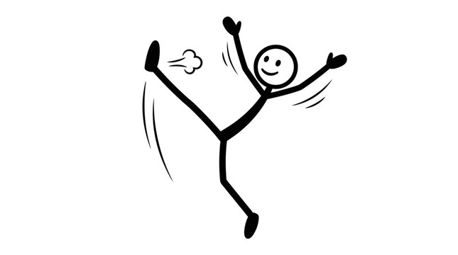 Happy stick figure person doing a high leg kick while dancing energetically on an isolated white background.