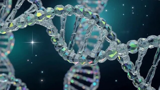 3D rendered glowing DNA double helix structure with floating light particles.