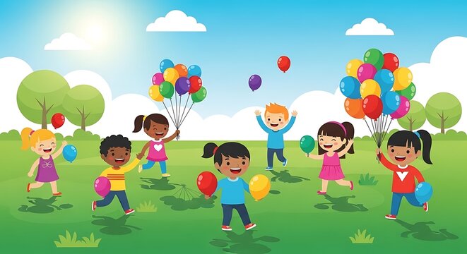 A joyful group of diverse cartoon children, boys and girls of various ethnicities, are happily playing together with colorful balloons in a sunny, green park under a bright blue sky, celebrating frien