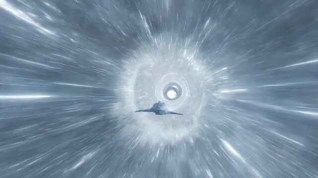 A spaceship hurtles through a swirling wormhole in deep space with motion blur.