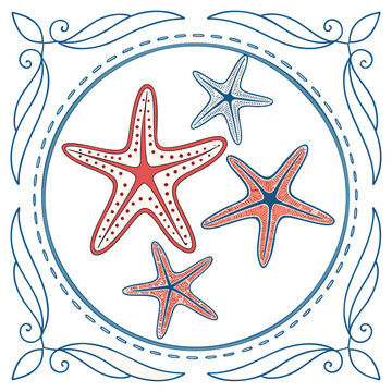 Decorative starfish arranged in a circular frame or border layout. Ideal for invitations, beach wedding designs, greeting cards, and coastal decorations.