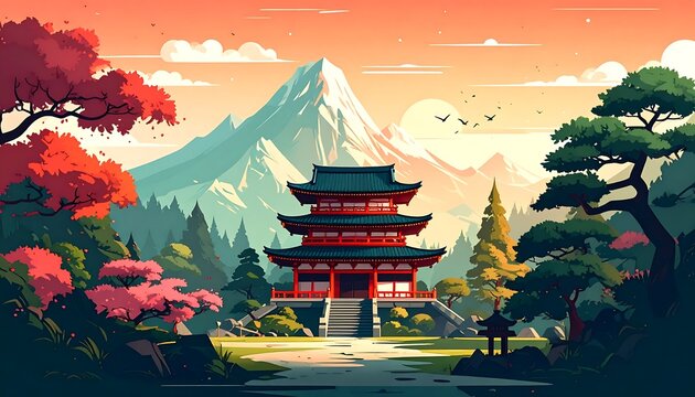 Smashan Pagoda and Mount Fuji Landscape in Sunset Vector Art