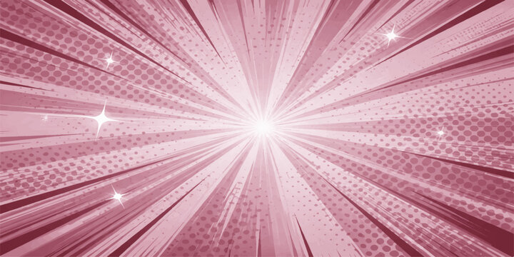 A vintage comic book style background featuring vibrant pink radial lines and halftone dot patterns