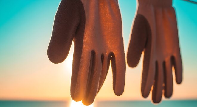 Two hands reaching out towards sunset over the ocean horizon