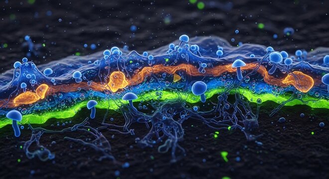 Microscopic View of Biological Cells and Structures Illuminated with Vibrant Colors.