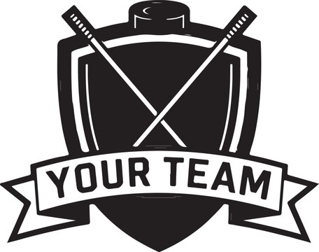 Hockey team shield logo, ice hockey stick emblem, custom team badge, sports vector