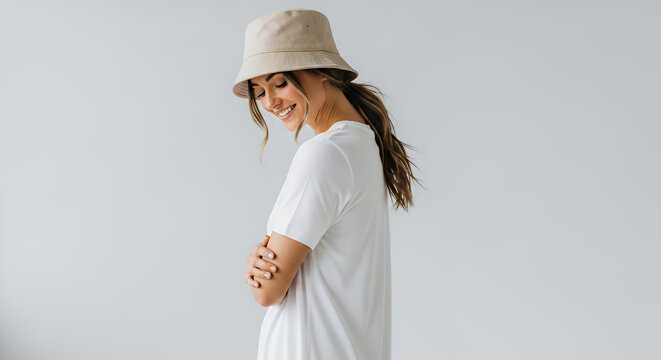 Woman in white t-shirt dress and bucket hat casual wear apparel hat mockup mockup cap hat template fashion clothing baseball front sport isolated blank