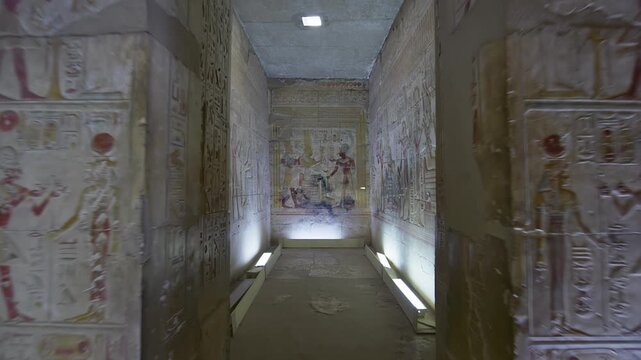 Sacred corridor inside the Abydos Temple illuminated by natural light, revealing detailed carvings and timeless Egyptian heritage. Egypt.