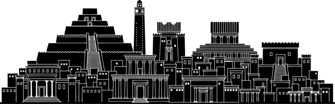 Babylon city skyline silhouette with temples, ziggurat, and clustered buildings.