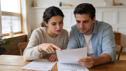 Obraz premium Concerned young couple analyzing financial documents at their home table, discussing bills, budget planning, or unexpected expenses with serious expressions