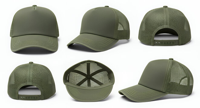 Set of green army trucker cap hat mockup template collection various angle isolated cut out hat mockup mockup cap hat template fashion clothing baseball front sport isolated blank