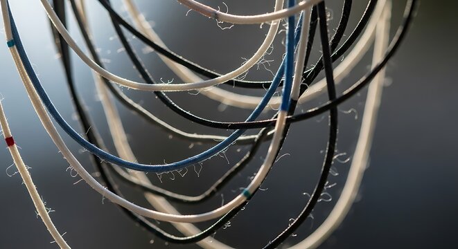 A tangle of colored wires with frayed insulation on dark background