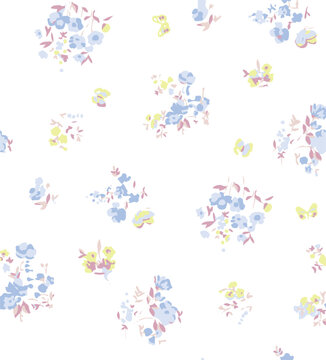 Vintage seamless floral pattern. Liberty style background of small pastel colorful flowers. Small flowers scattered over a white background. Vector for printing on surfaces. Abstract flowers.