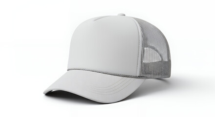 Fototapeta premium Empty white trucker cap hat mockup template isolated on a clean background with a subtle shadow and beautiful fold perfect for your branding design hat mockup mockup cap hat template fashion clothing 