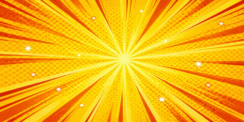 Fototapeta premium A vibrant yellow and orange comic book style background with radiating sunburst lines and sparkles