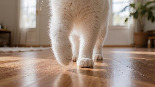 Close-up of white cat paws with pink toe pads walking on a wooden floo.